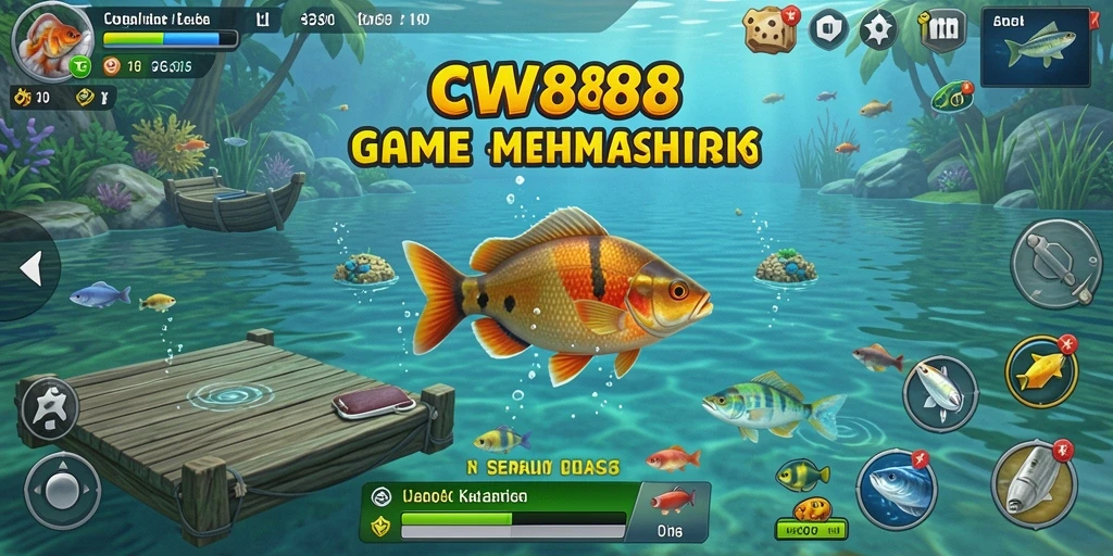 Tampilan gameplay <strong>CW8888</strong> yang menampilkan aksi memancing di pemandangan yang indah.