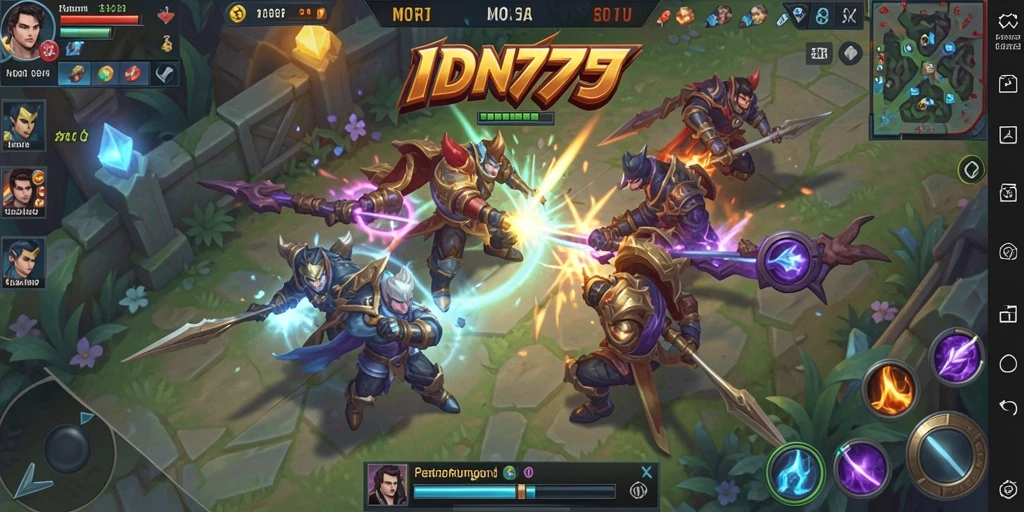 Tampilan dinamis gameplay MOBA IDN777 dengan hero yang beraksi.