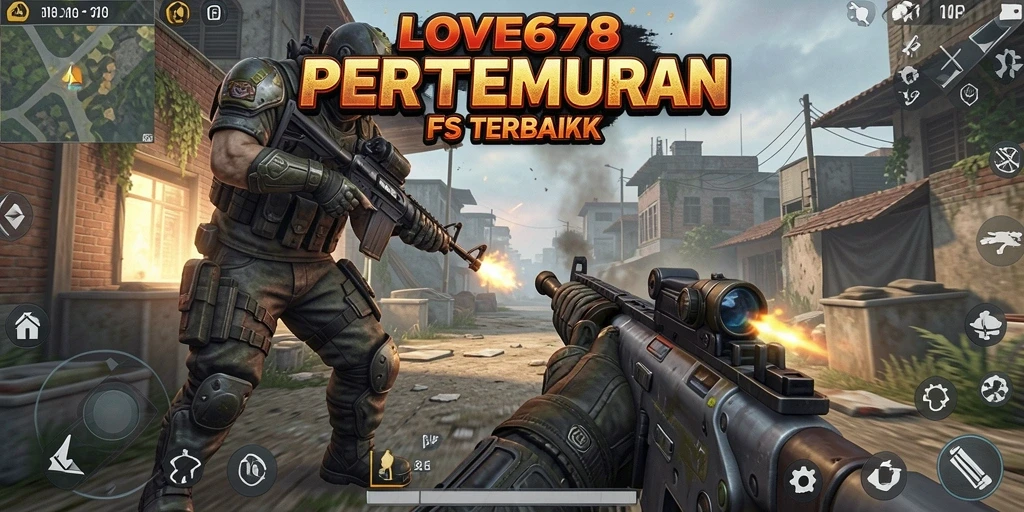 Tangkapan layar utama LOVE678 menampilkan pertempuran FPS yang mendebarkan.