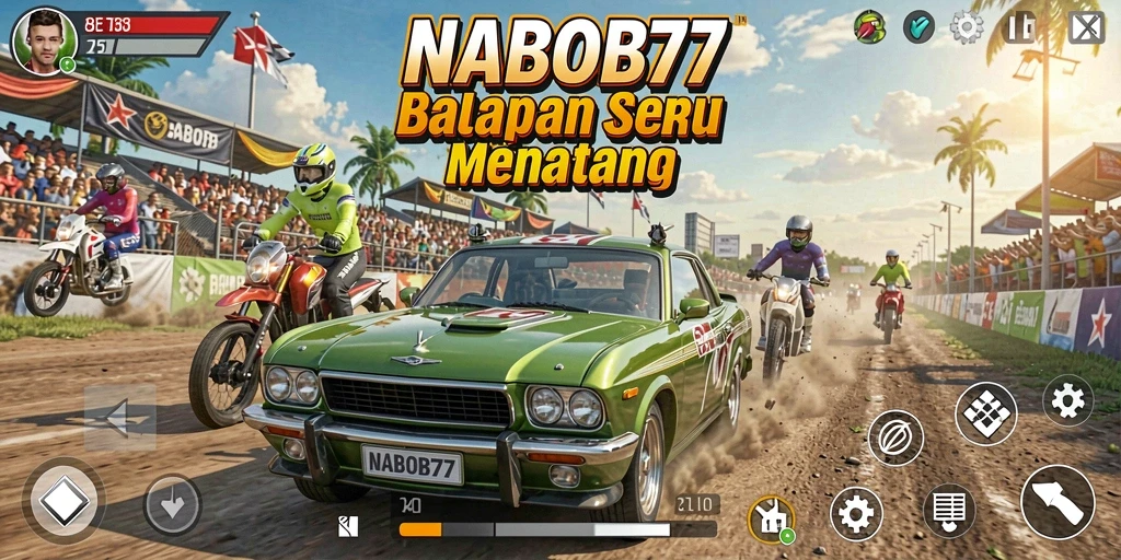 Tangkapan layar utama NABOB77 menampilkan gameplay balapan yang intens dan mendebarkan.