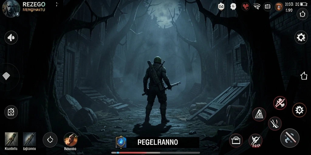 Tangkapan layar utama REZEGO menampilkan suasana gameplay mengerikan dan menegangkan.