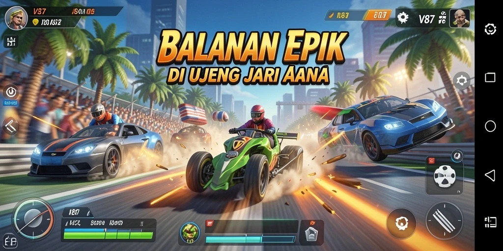 Tampak screenshot utama gameplay balapan yang seru di V87.